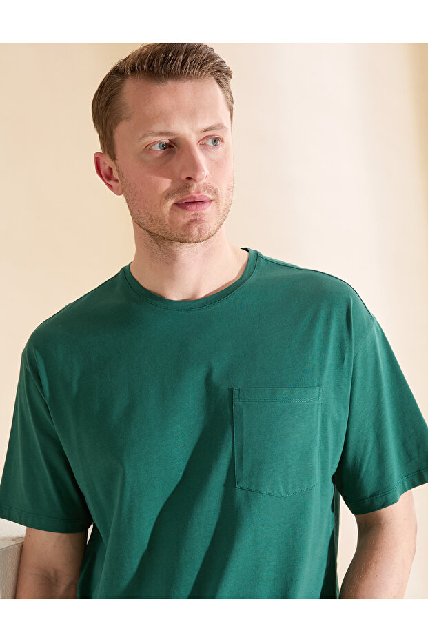 Dark Green Comfort Fit 100% Cotton Crew Neck Basic T-Shirt 50325300-Vr079