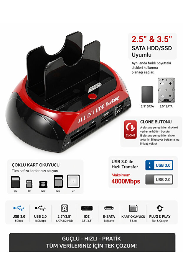 محطة إرساء أقراص USB 3.0 HDD مقاس 2.5 بوصة و3.5 بوصة، قارئ أقراص SATA IDE متعدد الوظائف مع خاصية استنساخ البيانات