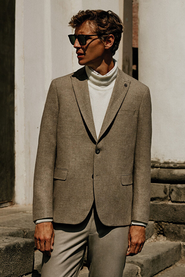 Men's Mink Wool Regular Fit Regular Cut Swallow Collar Jacket with Flap Pockets