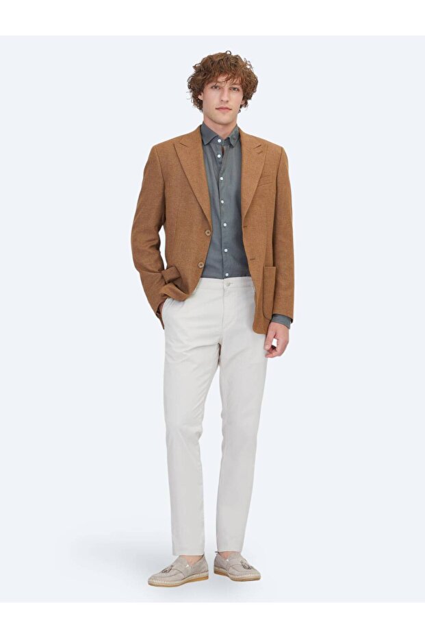 Brown Patterned Modern Fit Linen Blend Jacket - 2