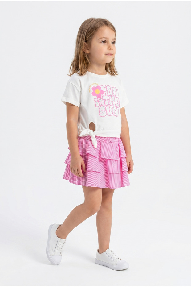 Girl's Knotted Single Jersey Blouse with Striped Layered Skirt 2-Piece Set