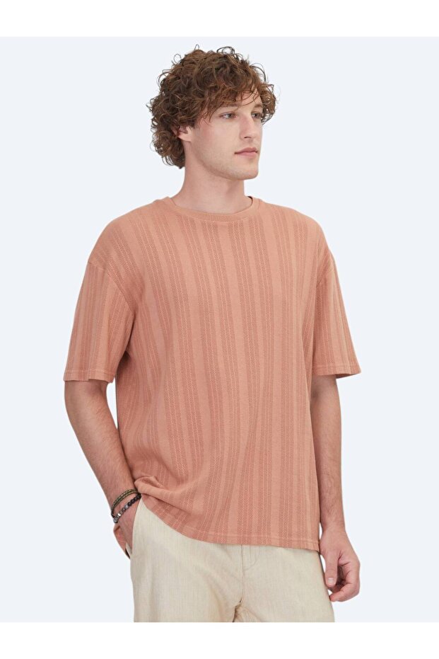 Dark Salmon Striped 100% Cotton T-Shirt