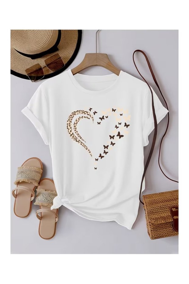 Leopard Detail Heart Printed Women's T-Shirt