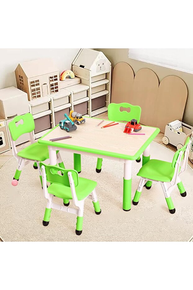 Kids Table & Chairs Set (4-Piece) Height Adjustable - 32" Wipe-Clean Craft Table with Anti-Sl