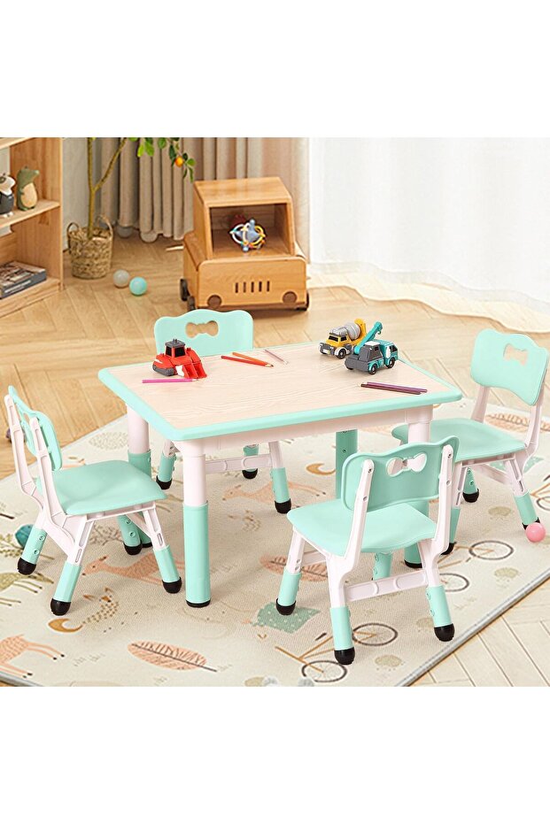 Kids Table & Chairs Set (4-Piece) Height Adjustable - 32" Wipe-Clean Craft Table with Anti-Sl