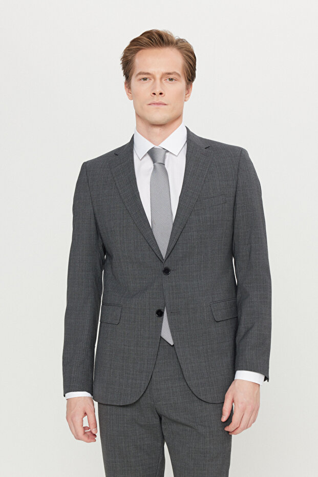 Men's Dark Gray Slim Fit Slim Fit Mono Collar Checkered Flexible Suit with Flap Pockets