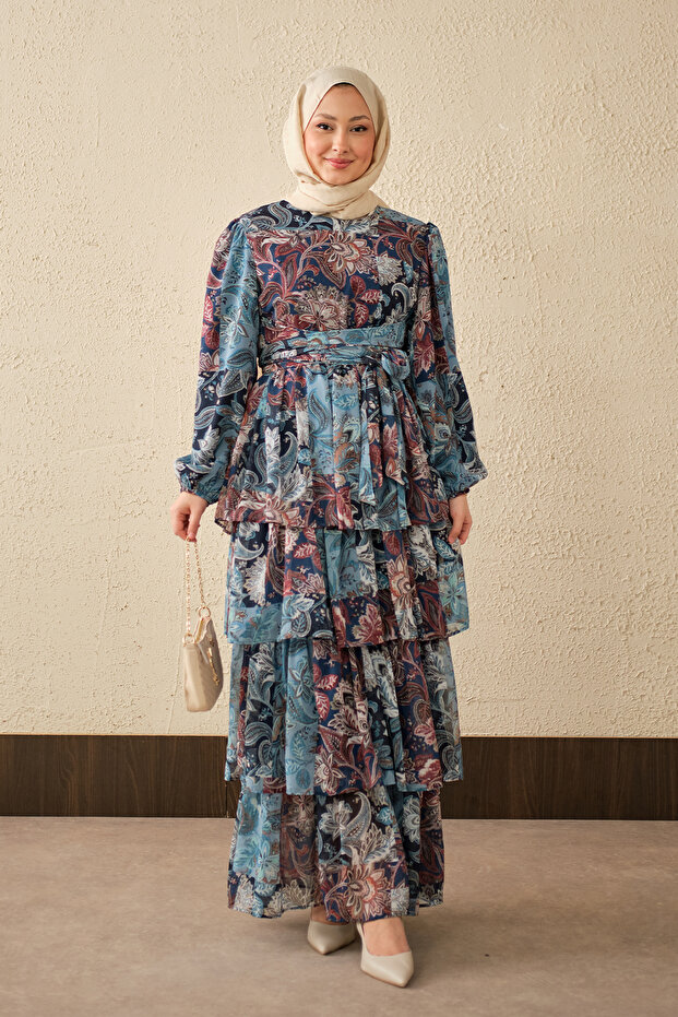 Women's Ethnic Pattern Waist Tie Dress Blue