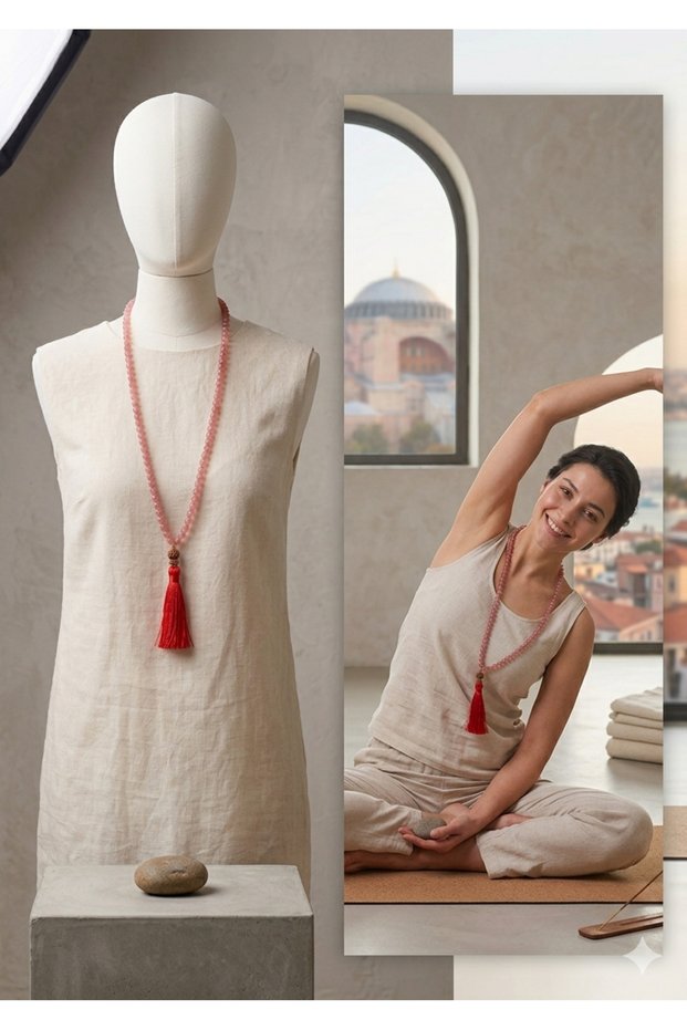 108-Bead Natural Rose Quartz Mala Necklace – Red Tassels and Double Rudraksha Seeds "Energy of the Heart"