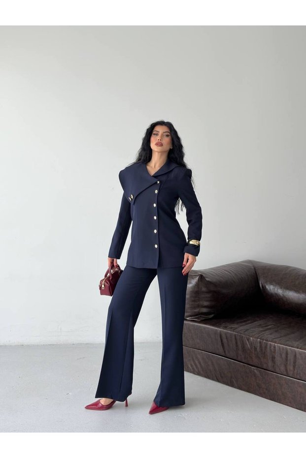 Gold Button Detailed Asymmetrical Collar Blazer Trousers Suit
