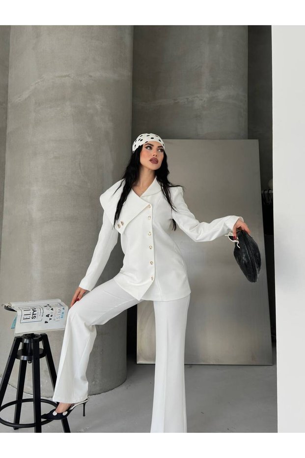 Gold Button Detailed Asymmetrical Collar Blazer Trousers Suit