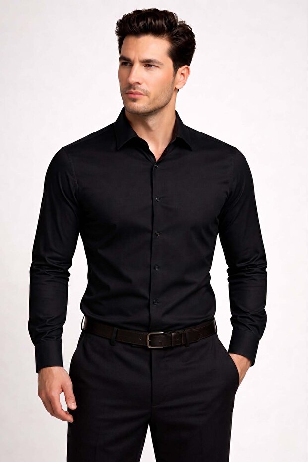 Men's Slim Fit Italian Collar Cotton Plain Black Shirt Gk 762