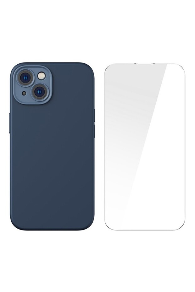 Liquid Silica Gel iPhone 14 Plus 6.7 Magsafe Silicone Case + Tempered Screen Protector Set Blue