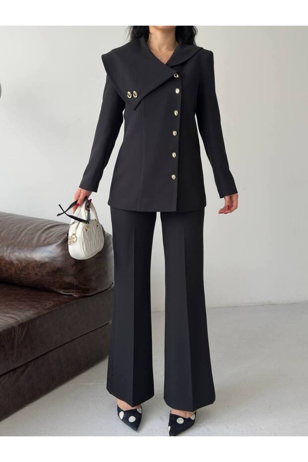 Kadın Blazer Pantolon Takım Siyah Asimetrik Yaka - 3
