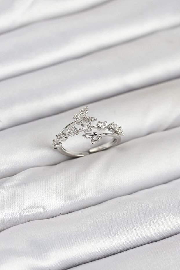 Brass Silver Color Zircon Stone Butterfly Model Women's Ring