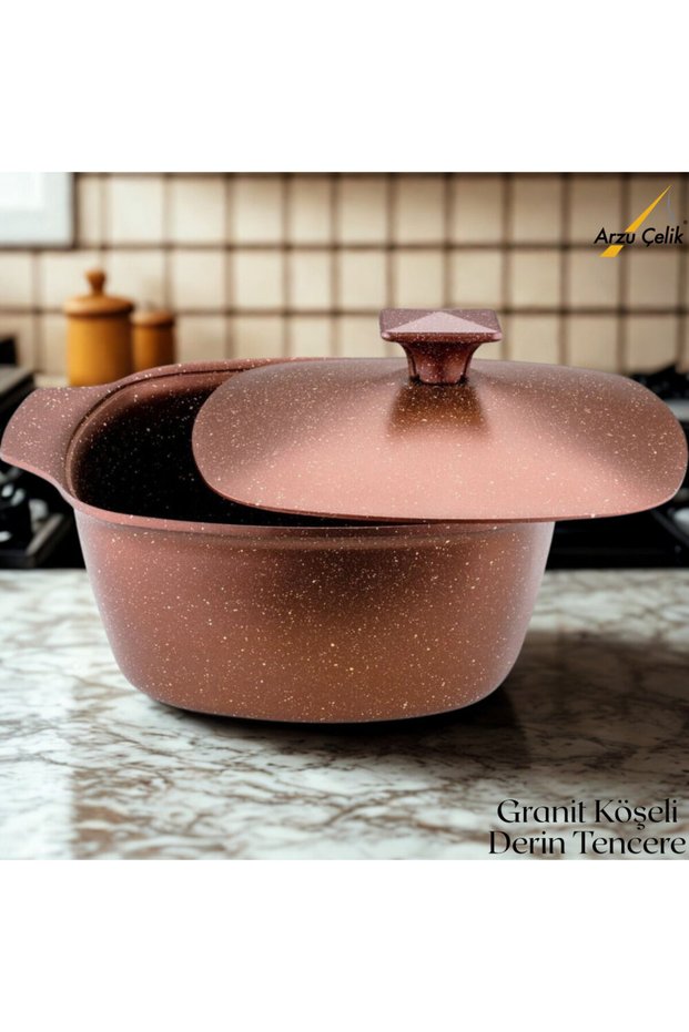 24 cm Granite Cornered Deep Pot with Aluminum Lid - Dark Copper