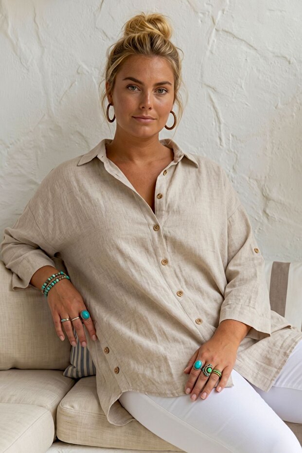 Beige Shirt Collar 3/4 Sleeve Buttoned Casual Linen Look Oversize Woven Shirt 75 72