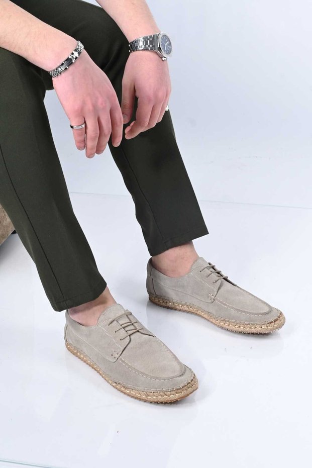 Lace-Up Rubber Sole Genuine Leather Straw Detailed Loafer 333-1893 Men's Shoes
