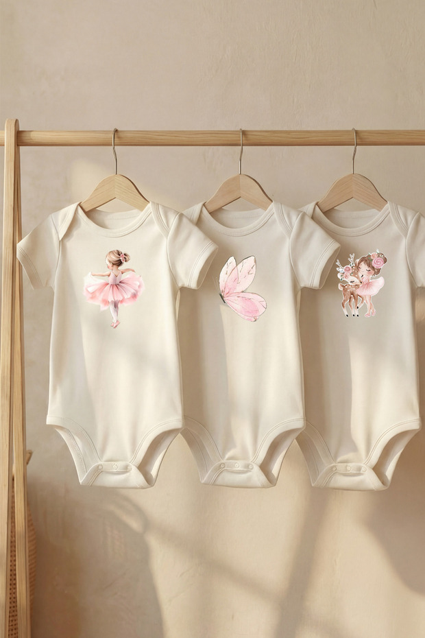 Cotton Set of 3 Little Ballerina Printed Short Sleeve Snap Fastener Baby Bodysuits