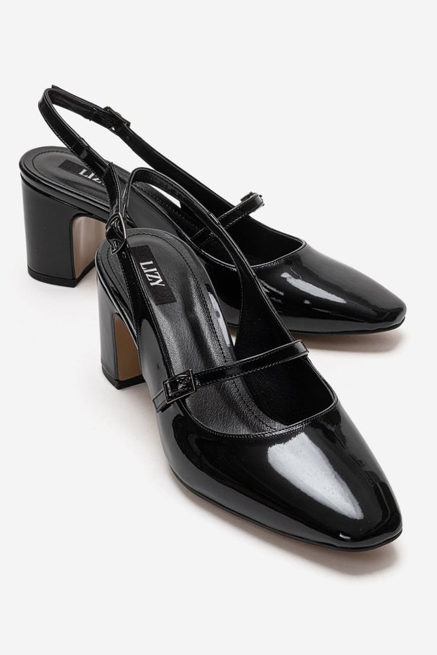 Women's Black Patent Leather 6 cm Thick Heeled Ankle Strap Classic Stylish Shoes