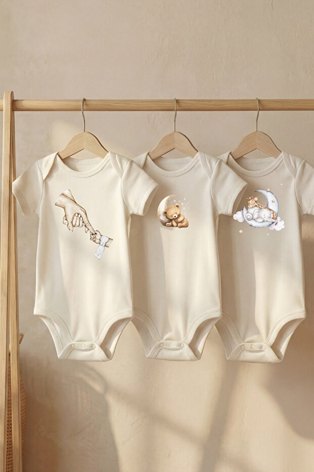Cotton Set of 3 Moonlight Friends Printed Short Sleeve Snap Fastener Baby Bodysuit