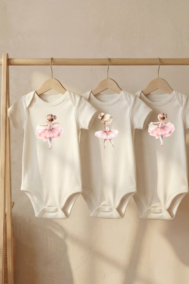 Cotton Set of 3 Little Ballerina Printed Short Sleeve Snap Fastener Baby Bodysuits