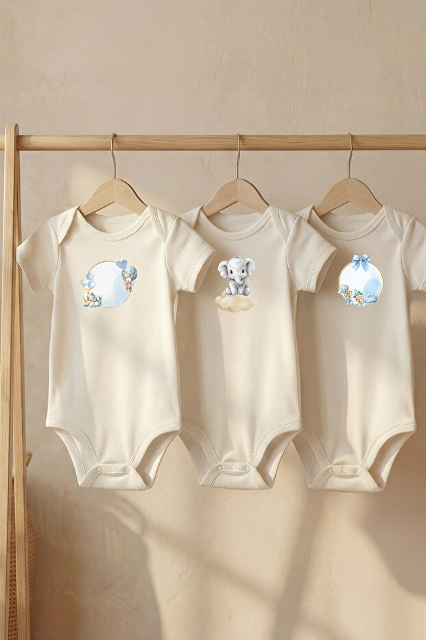Cotton Set of 3 Welcome Little Prince Printed Short Sleeve Snap Fastener Baby Bodysuit