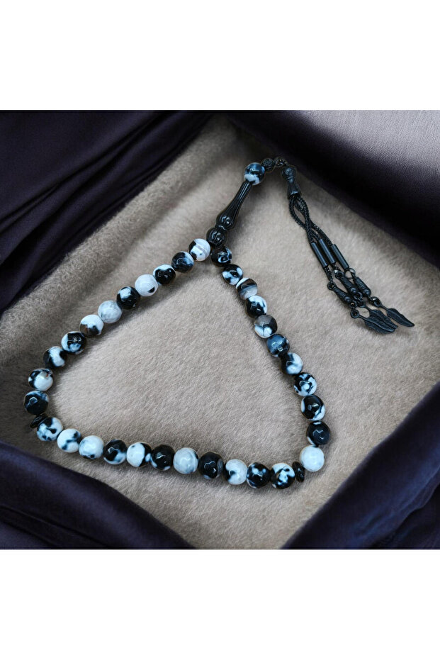Black and White Agate Natural Stone Sphere Cut Black Special Emission 3-Piece Tassel Prayer Beads