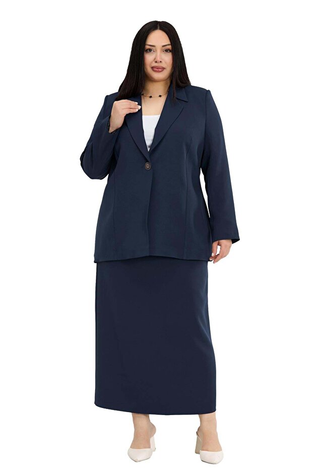 Plus Size Single Button Jacket Skirt Navy Blue Two-Piece Set - 4