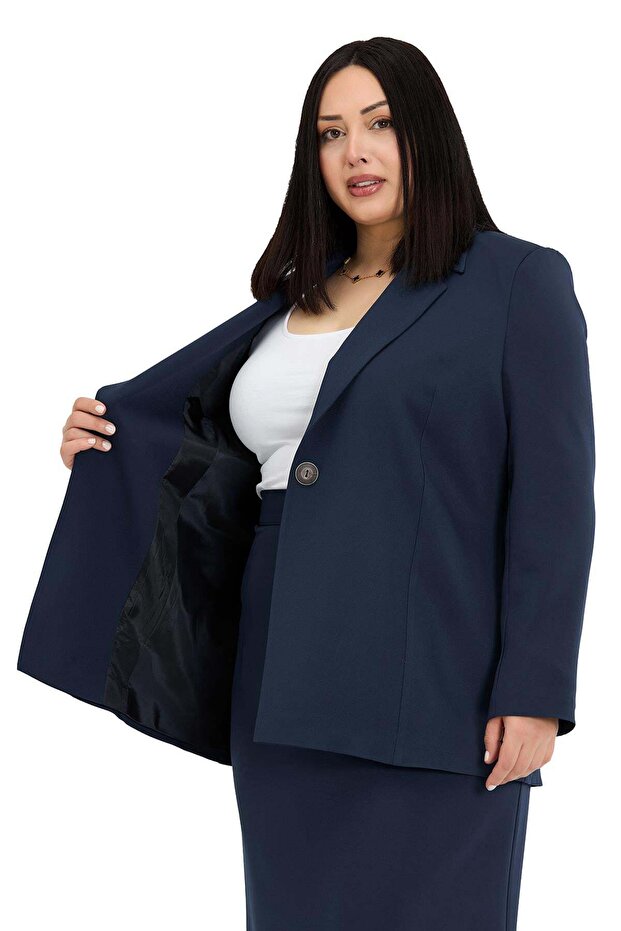Plus Size Single Button Jacket Skirt Navy Blue Two-Piece Set - 5