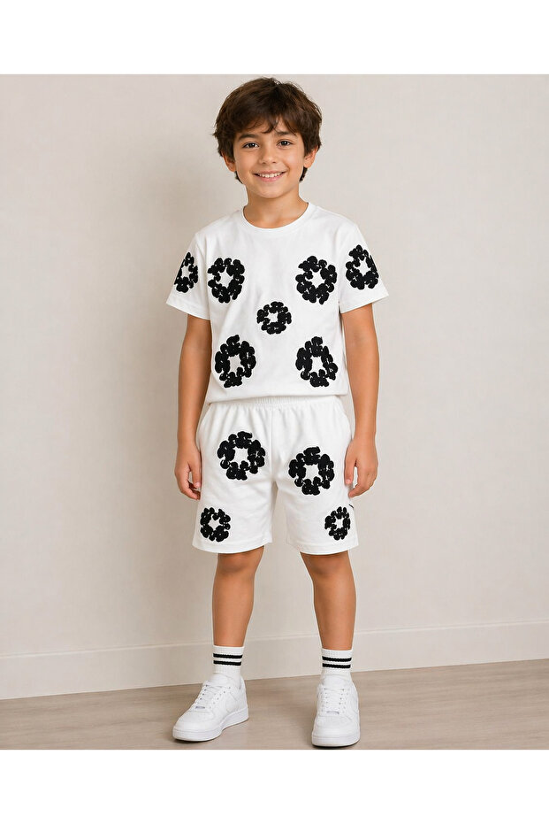 Unisex Embossed Printed Lycra Combed Cotton Shorts Set I 3-9 Years I Printed Detailed Lycra Combed Cotton Summer Set