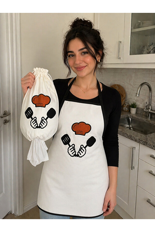 Punch Embroidered Kitchen Apron and Bag Holder Set, Stylish and Practical Set of 2