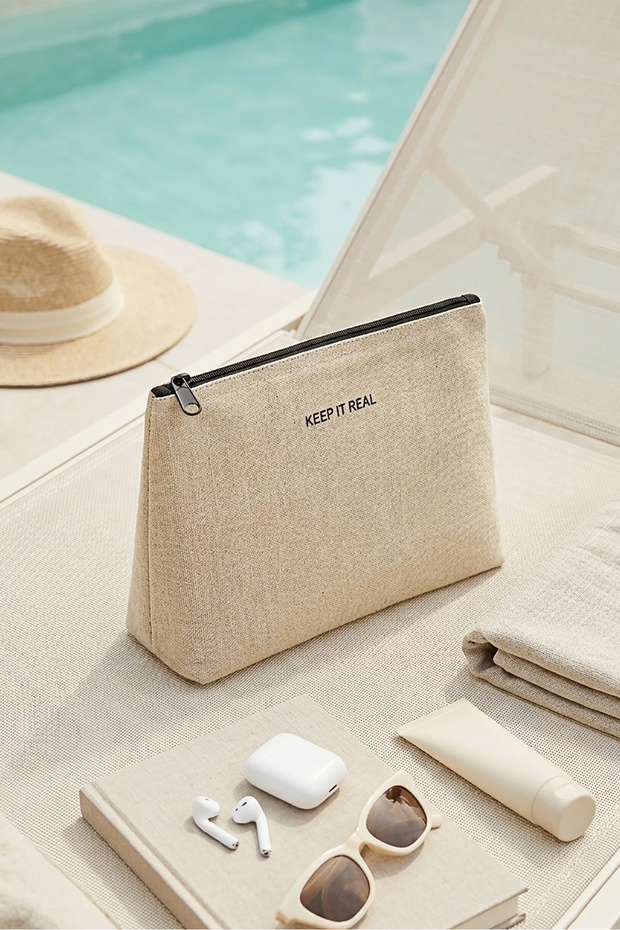 Ocean Home Textile Termal Yalıtımlı Güneşten Koruyan Jüt Keten Makyaj İlaç Çantası 23x16x7
