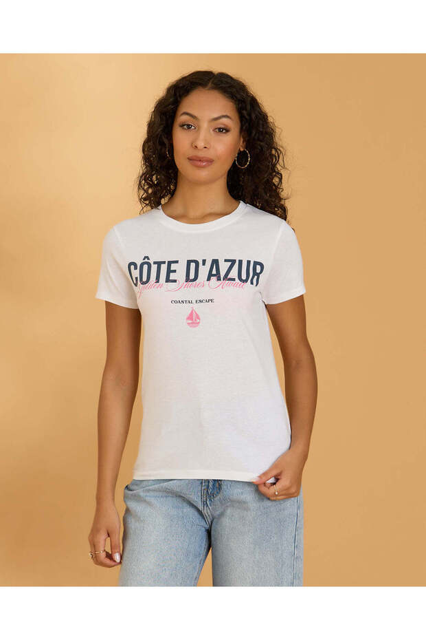 Women White Cote D Azur Print T-Shirt