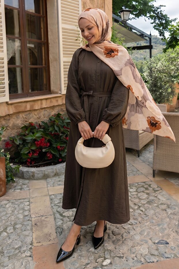 Buttoned Ribbed Belted Linen Brown Dress