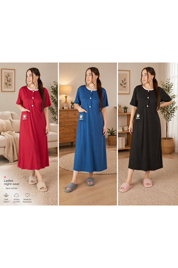 Nightwear 3 Pcs Combo Set, Red, Blue and Black