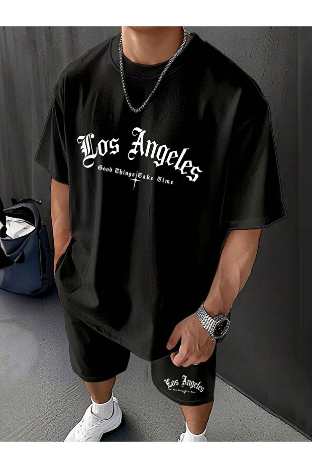 Oversize Black Shorts and T-Shirt Set - Cotton Relaxed Fit