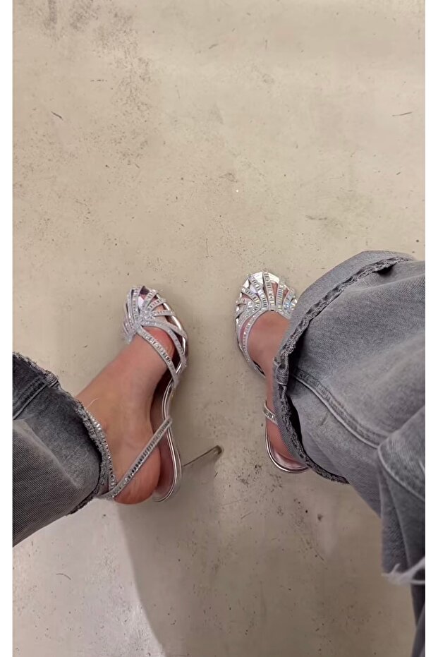 Silver Stone Detailed Heeled Shoes