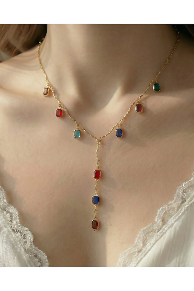 Rainbow Shine – Gold Multicolor Zircon Stone Y Necklace