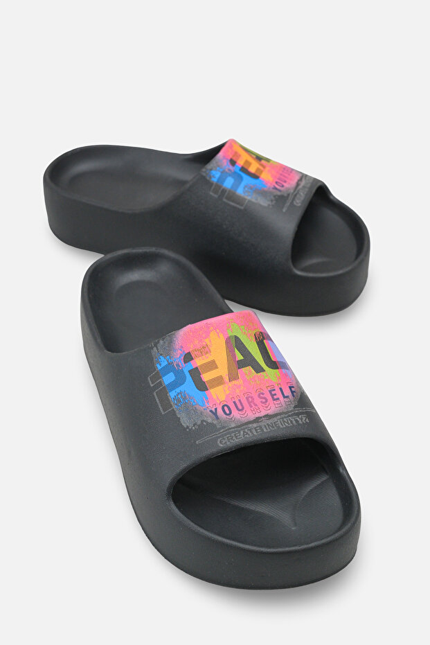 Women's Black Peace Printed Daily Comfortable Light Sole Eva Platform Sole Slippers