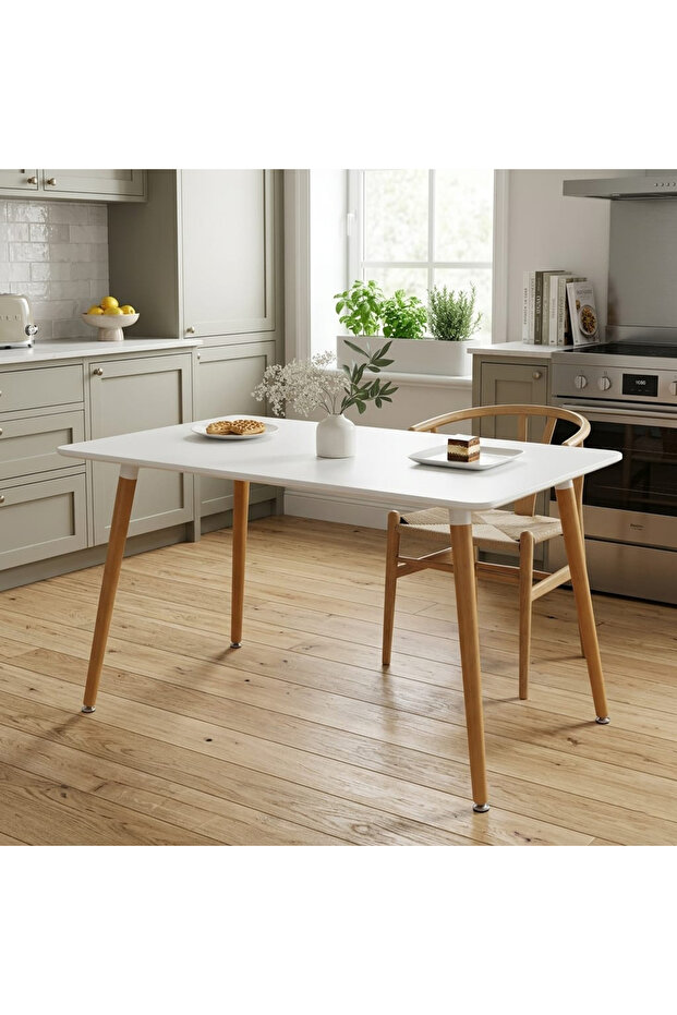 Modern Rectangular Dining Table – White Top with Wooden Legs, Minimalist Design for Kitchen & Dining Room