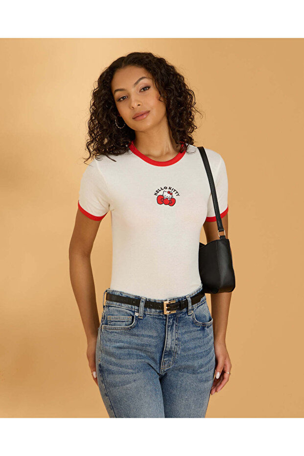 Women White Hello Kitty Rib T Shirt