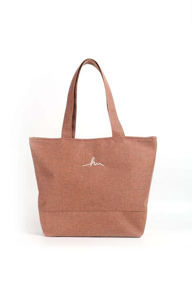 Signature Detailed Embroidered Zippered Linen Beach Bag Brick Color 35