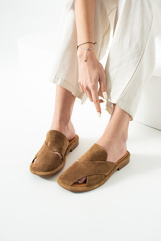 Bronte Genuine Leather Suede Cross-Strapped Anatomical Sole Comfort Slipper - Sandals