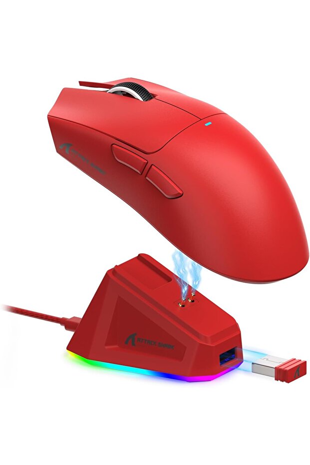 فأرة ألعاب لاسلكية خفيفة الوزن X11 مع قاعدة شحن RGB (احمر)