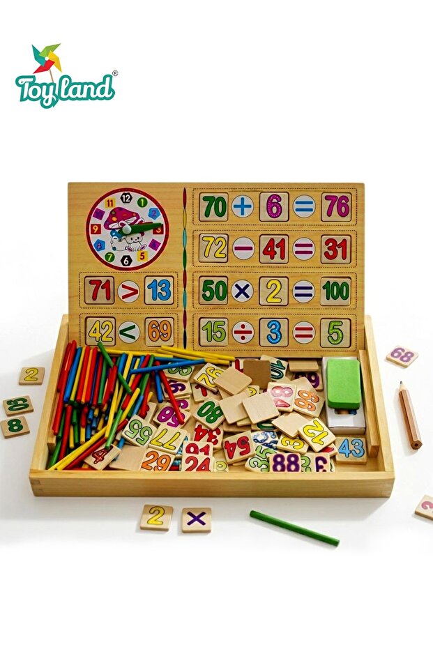Wooden Educational Math Learning Box with Clock, Numbers & Counting Sticks, 3-in-1 Learning Activity Set for Kids