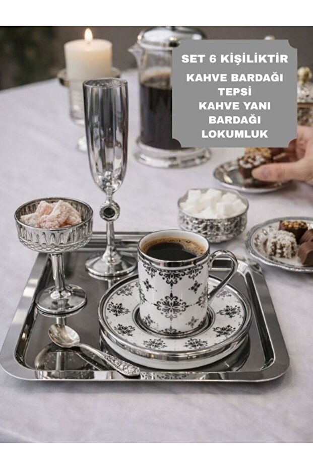 6-Person Silver Coffee Presentation Set – Silver Coffee Cup, Turkish Coffee Bowl, Coffee Saucer and Tray - Luxury Coffee Set