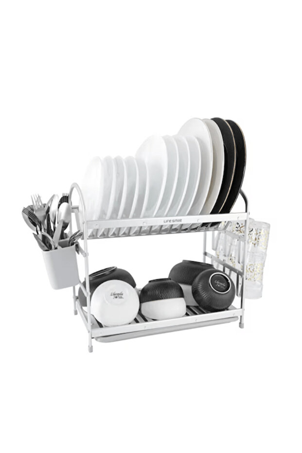 Life Smile Aluminium 2 Tier Dish Rack with Anti-Slip Rubber Fleet 49.7cmX25cmX37.7cm-silver