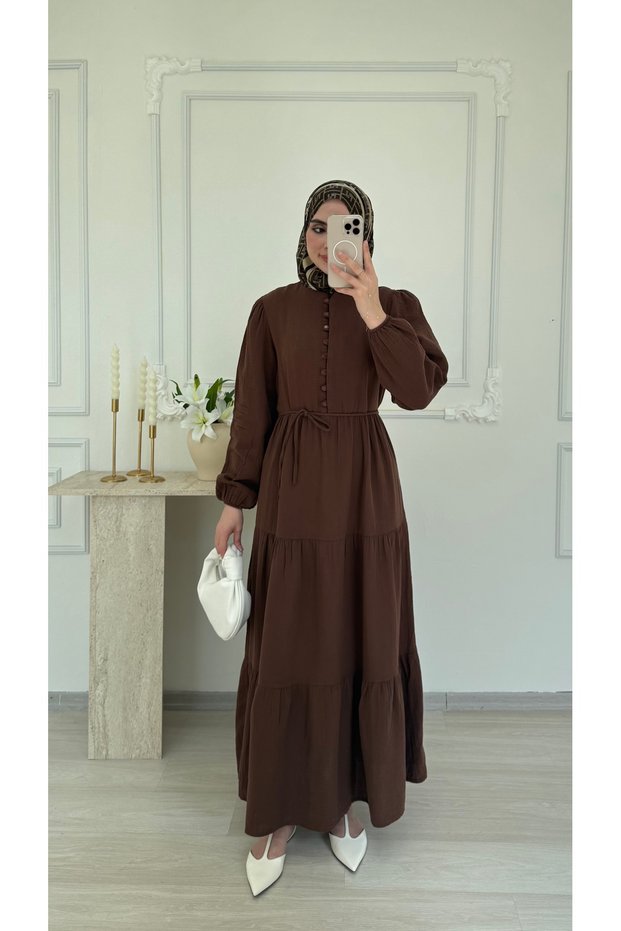 Molly Nelly Women's Button Detailed Long Muslin Dress