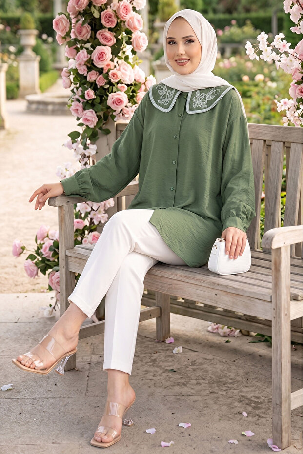 Collar Embroidered Hijab Tunic Khaki