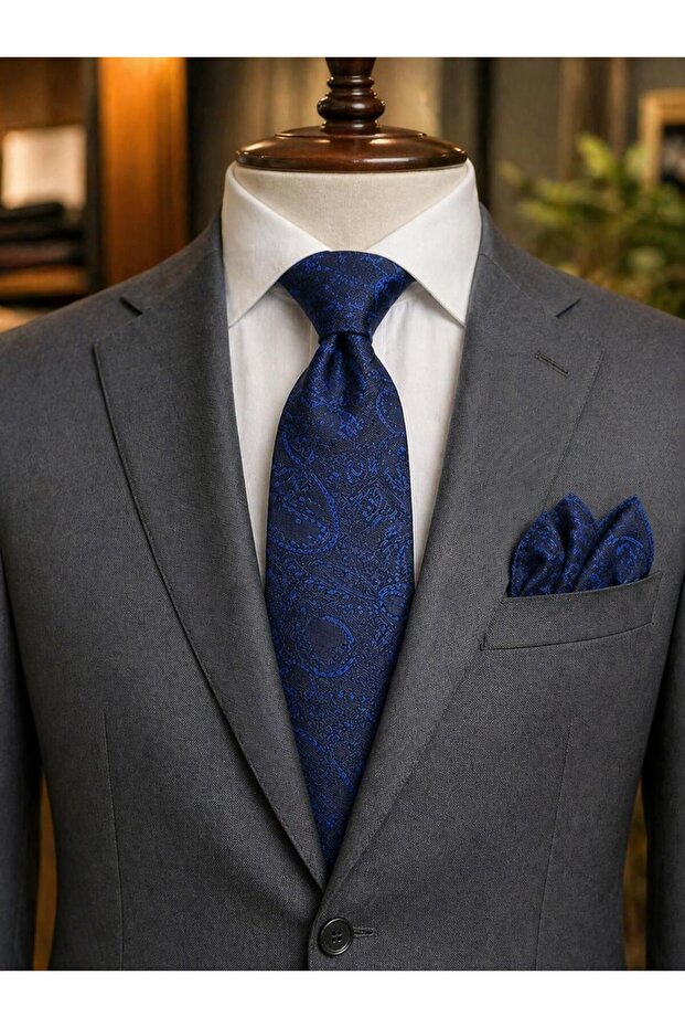 Men's Navy Blue Shawl Pattern Tie Handkerchief